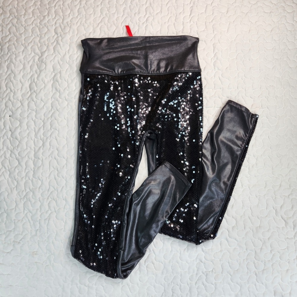 Medium SPANX Hi Rise Faux Leather SEQUIN LEGGINGS Punk Goth Party  20189R BLACK